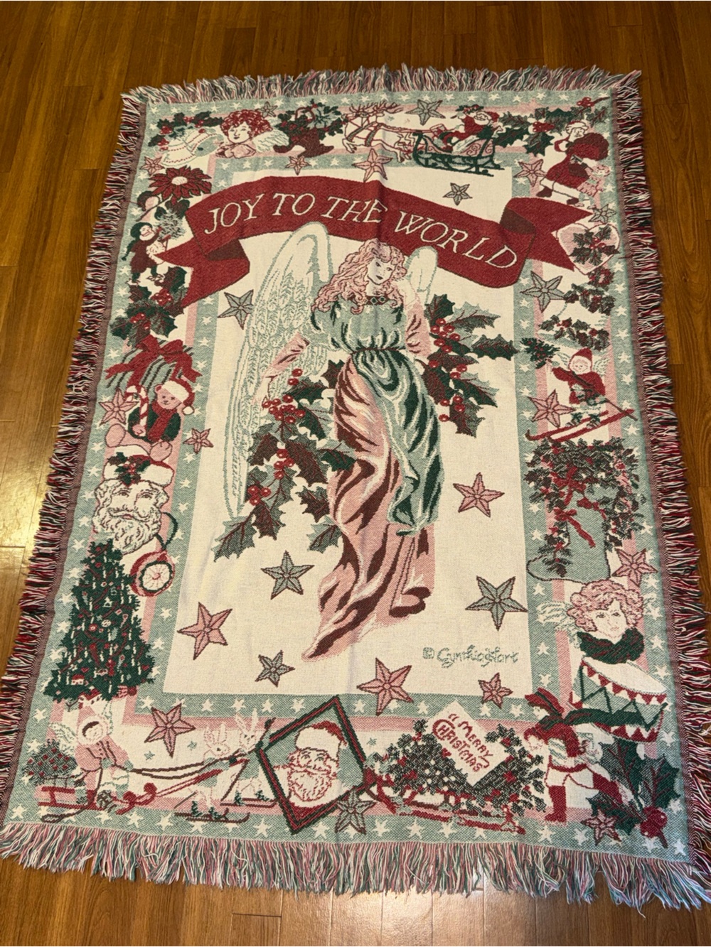 Holiday Angel Tapestry Throw Blanket - Red, Green, Cream